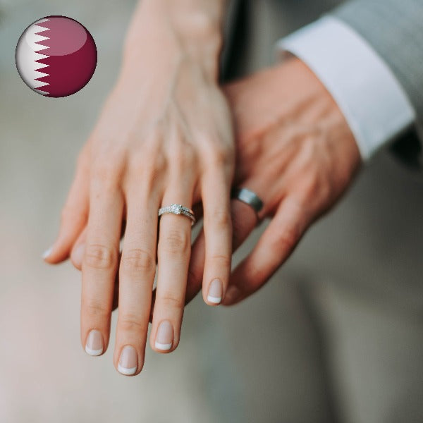 A woman's hand on top of a man's hand both wearing wedding rings with a Qatar flag in the corner